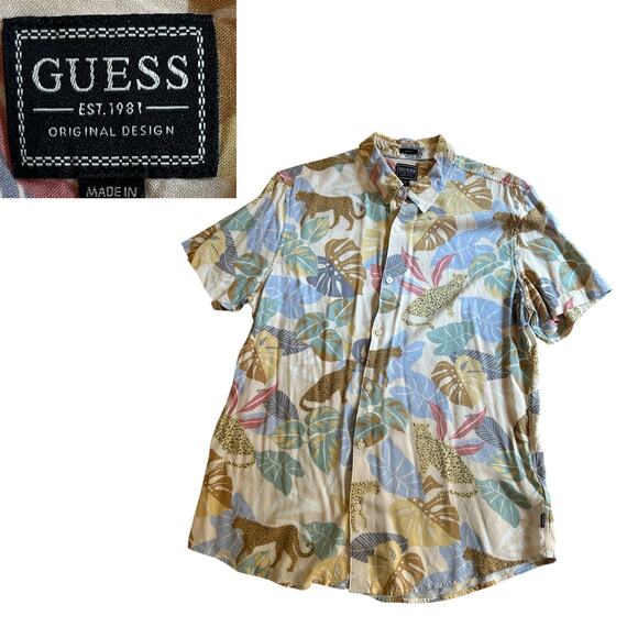 GUESS Leopard Leaf Safari Shirt Jungle Print Short Sleeve button Up / Large - - Picture 1 of 5